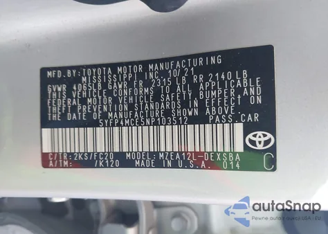 2022 Toyota Corolla Se from USA, damaged, VIN 5YFP4MCE5NP103512